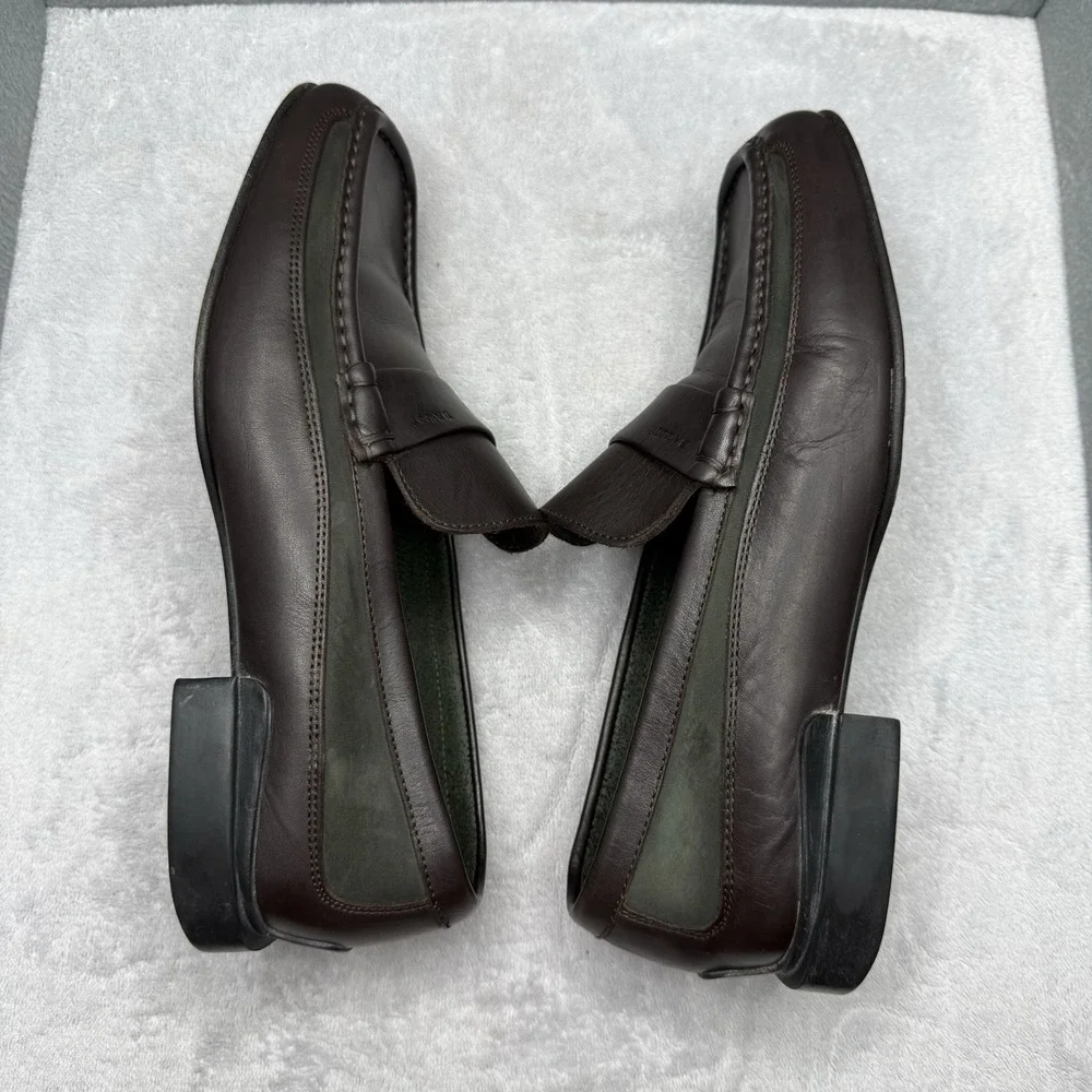 Bally Rumo Mens 9.5 Brown Green Leather Penny Loafers Made Italy Dress Shoes
